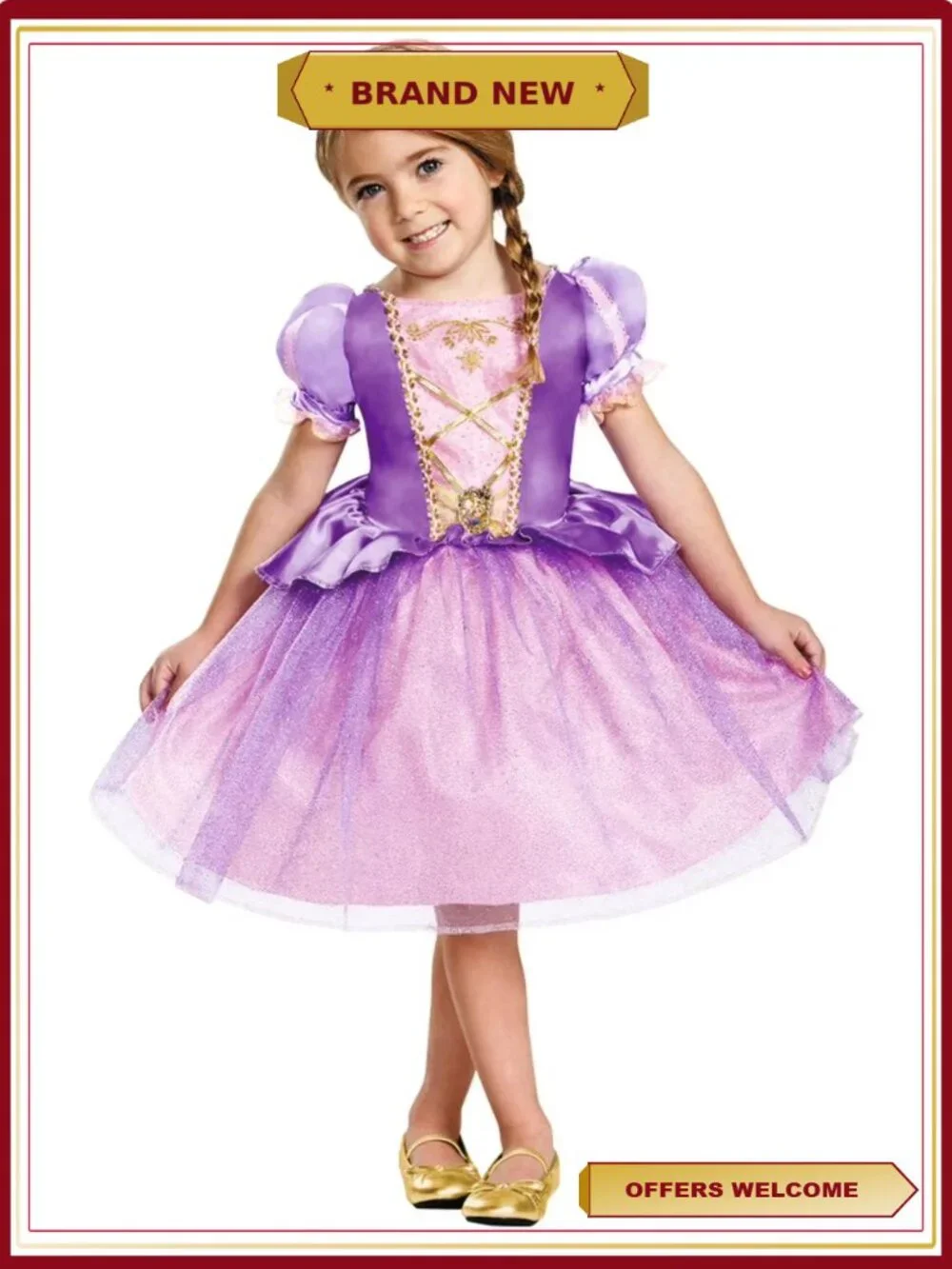 Toddler Rapunzel Costume Puffed Sleeves Glittery Tulle Dress